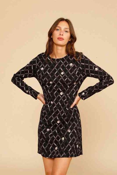 

casual dresses french floral print slim round neck short dress women's 30685 in autumn and winter o, Black;gray