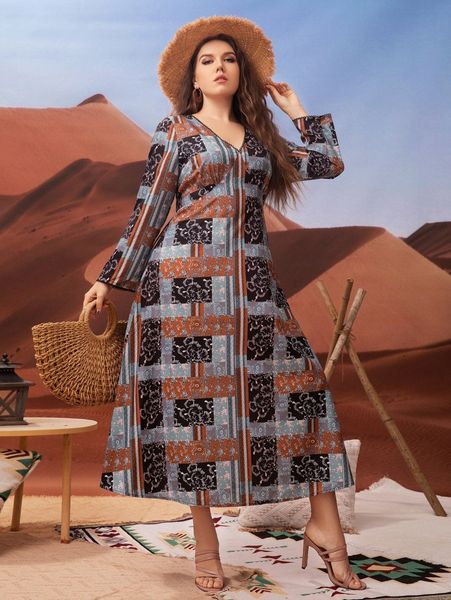 

plus floral print guipure lace trim dress 51nn#, Black