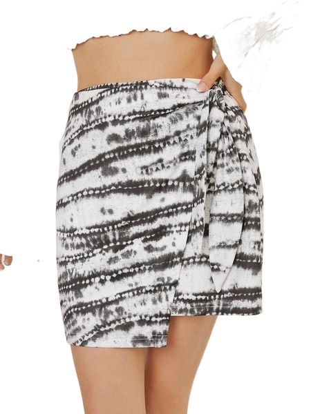 

wrap knot side tie dye skirt 33dp#, Black
