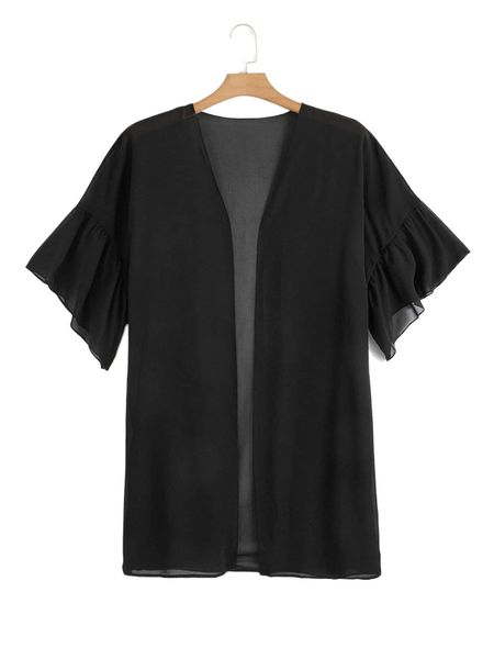 

plus plain ruffle trim kimono d4nj#, Black;gray