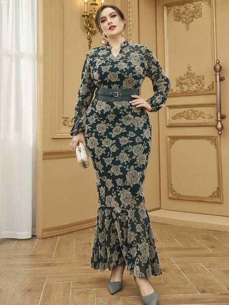 

plus floral print notched neck flounce hem wide belted dress u1nd#, Black