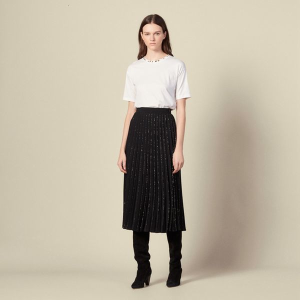 

skirts zhuoya dancer's style in autumn and winter elegant shiny pleated waist flexible casual skirt, Black