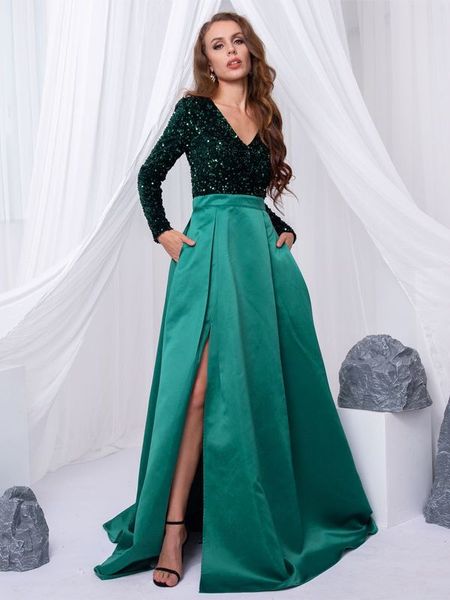 

long sleeve v neck stretch sparkle sequin floor length party dress slit patchwork ball gown with porckets 220721, Black;gray