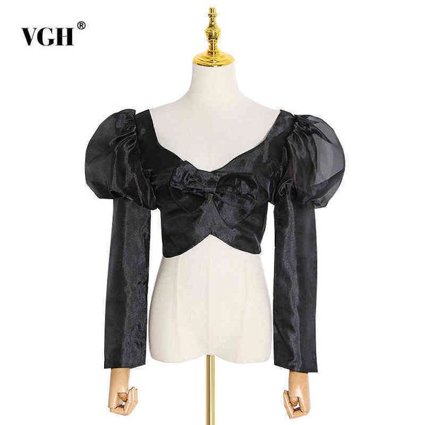 

bowknot elegant blouse for women square collar long puff sleeve irregular hem back zipper slim shirts female fashion clothes 210507, White