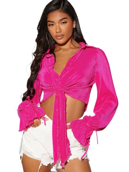 

tie front knotted detail lettuce trim blouse j7bq#, White