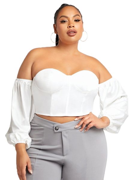 

sxy plus off shoulder lantern sleeve crop blouse 65tb#, Black