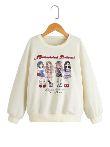 

girls slogan & figure graphic drop shoulder sweatshirt w9bd#, Black;white