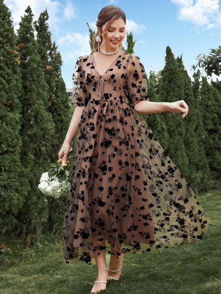 

floral mesh overlay puff sleeve knot front dress u5bp#, Black;gray