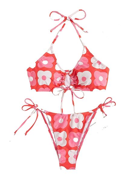 

floral print tie front halter tie side bikini swimsuit o459#, White;black