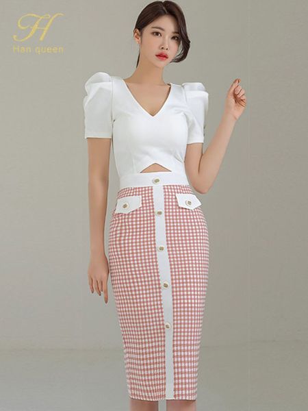 

h han queen new summer set women short crop and high waist plaid bodycon pencil skirts korean office lady skirt suits cx220425, White;black