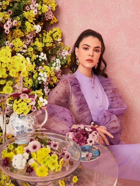 

floral print button front ruffle trim mock neck j9yz#, White