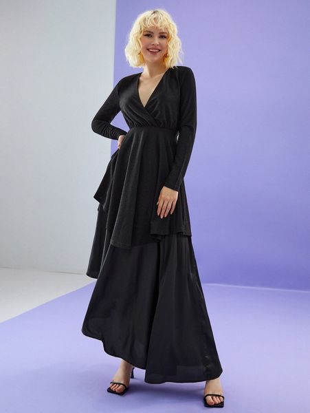 

x dina stars surplice neck asymmetrical hem dress l3gg#, Black;gray