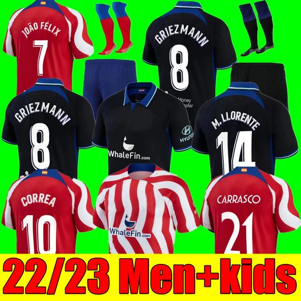 

new 22 23 men kids kit soccer jerseys home away 3rd suarez griezmann joao felix 2022 2023 atletico madrids m. llorente correa koke lemar car, Black;yellow