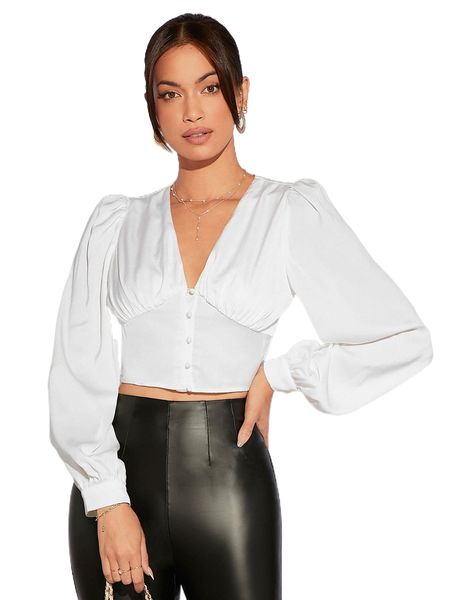 

lantern sleeve crop satin blouse f6qi#, White