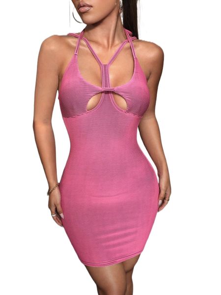 

striped print cami bodycon dress 48fs#, Black;gray