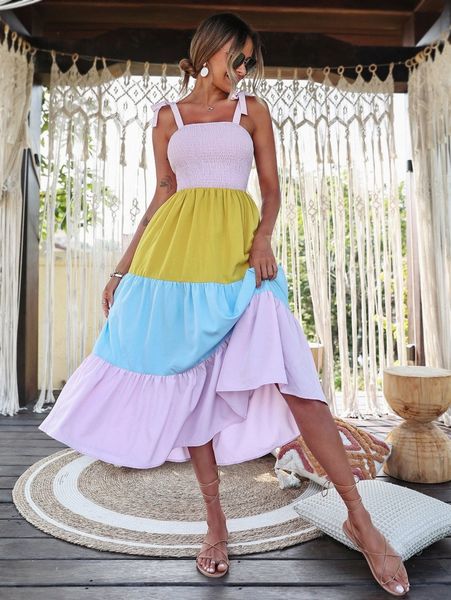 

colorblock shirred bust knot shoulder cami dress i7ti#, Black;gray