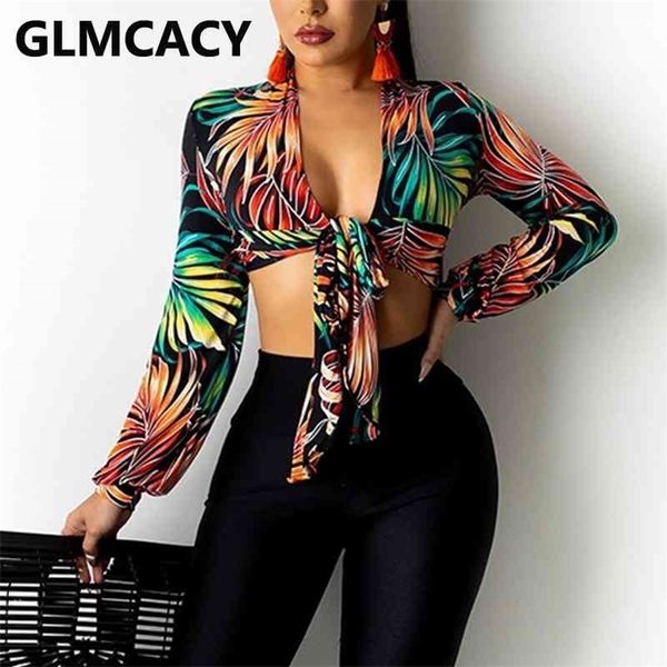 

long sleeve tropical printed tie front crop shirt blouses 210702, White