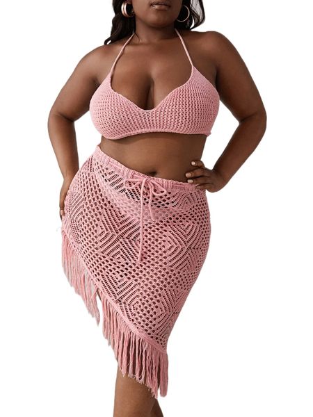 

plus tie backless fringe asymmetrical hem cover up set without bikini 60ez#, Black