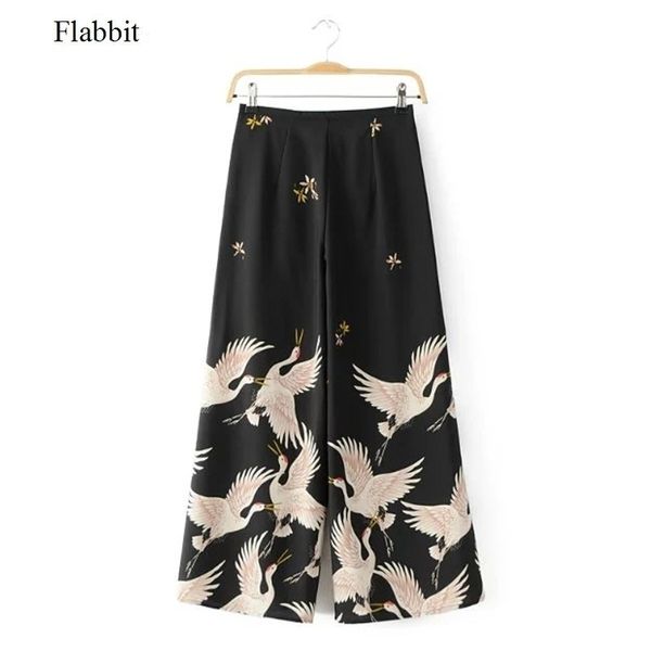 

flabbit women vintage crane print kimono pants lady spring casual streetwear fashion wide leg pants trousers mujer p002 y200114, Black;white