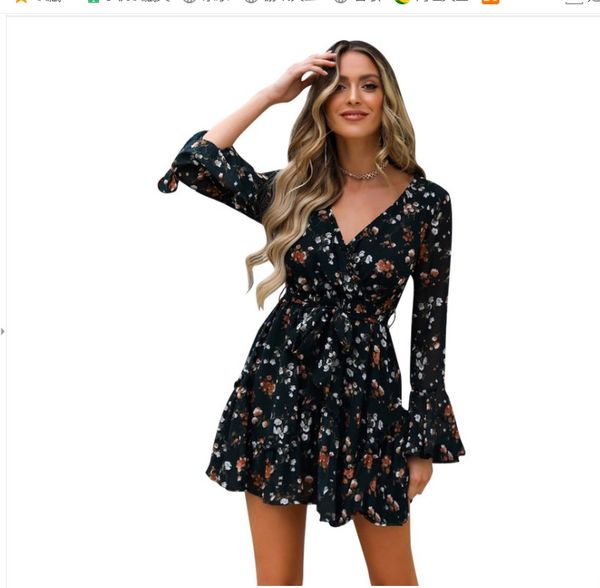 

summer dress women long sleeve flower printed mini dresses ladies casual v-neck short dresses, Black;gray