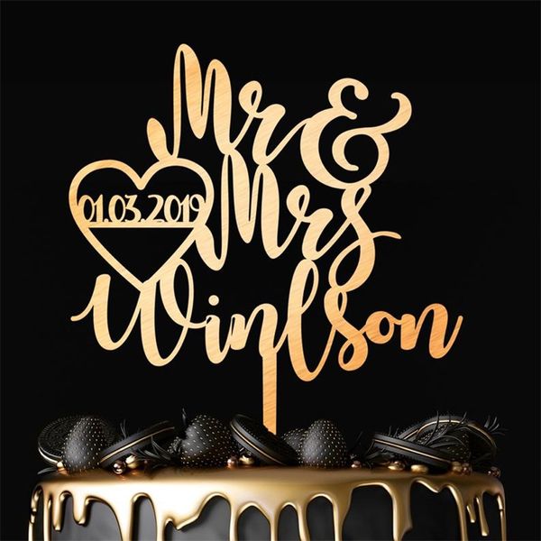 Personalizzato s Mirror gold Custom e Mrs namedate Rustic Wedding Cake Topper 220618