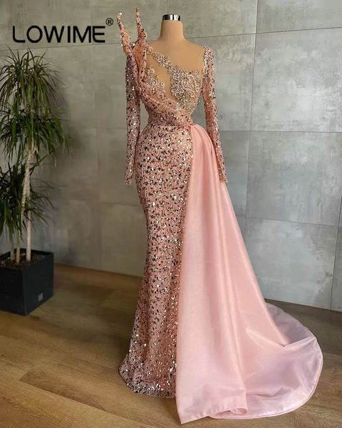 

designer pink mermaid evening dresses sparkly sequins long sleeves women birthday party dress arabic prom pageant gowns vestidos, Black;red