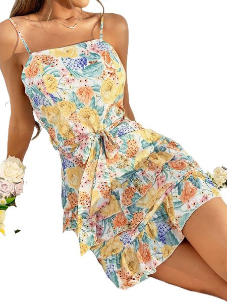 

floral print layered ruffle hem cami dress 87ed#, Black;gray