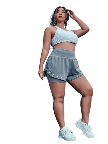 

plus medium stretch letter print sports shorts m1pk#, Black