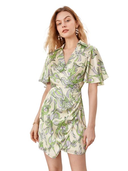 

butterfly print ruched wrap hem dress q8fx#, Black;gray