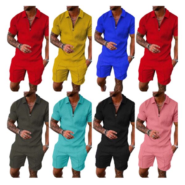 

fashion new solid color tracksuits for men short sleeve slim fit zipper lapel polos t-shirts and sports shorts 2 piece sets tz-51, Gray