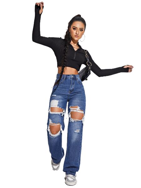 

cut out ripped frayed straight leg jeans c47t#, Blue