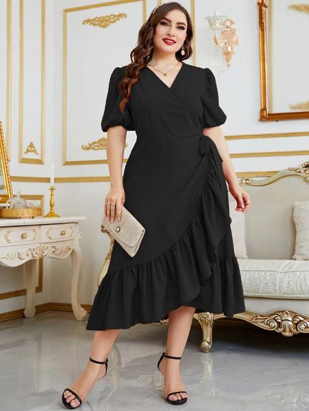 

plus puff sleeve ruffle trim tie side wrap dress g4ih#, Black