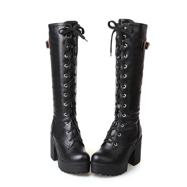 

gothic square chunky block high heels riding boots women lace up thick platform rock punk cosplay knee high boots shoes315o, Black