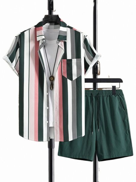 

men colorful striped patched pocket shirt & drawstring waist shorts without tee z6xw#, Gray