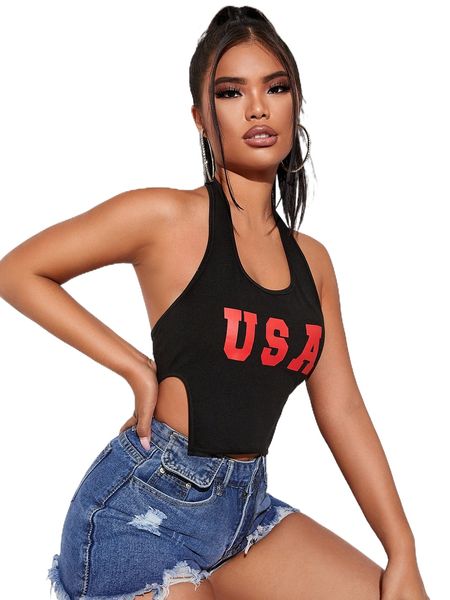 

sxy letter graphic backless asymmetrical hem halter 9482#, White