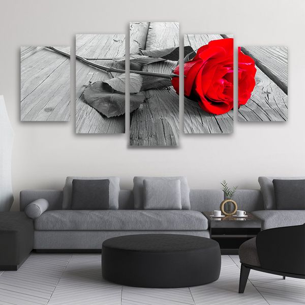 Dipinti combinati a 5 pannelli Dipinti su tela con fiori di rosa rossa Poster murali e stampe Immagini moderne della decorazione del soggiorno