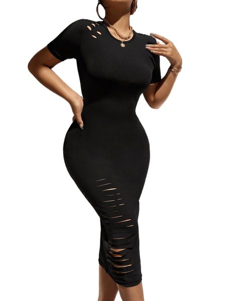 

sxy solid ripped bodycon dress o2sa#, Black;gray