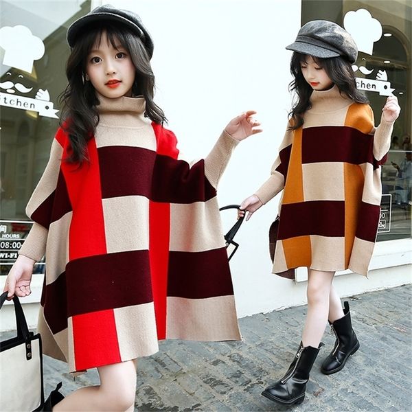 Winter Mädchen Lose Pullover Kinder Stricken Fledermausflügel-Ärmeln Pullover Rollkragen Mode Koreanischen Stil Mantel Plaid Mantel LJ201128