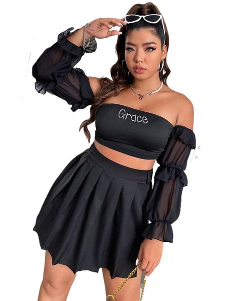 

plus rhinestone letter pattern off shoulder gathered sleeve crop x4q3#, Black