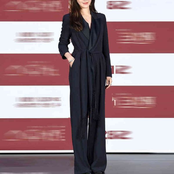 

women's jumpsuits rompers celebrity style autumn women's suit collar tassel bandage waist slim high wide tube jumpsuit, Black;white