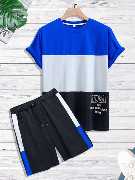 

men slogan graphic colorblock tee & drawstring waist shorts b9jn#, Gray
