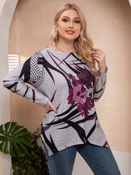 

plus floral & geometric print tee u7we#, Black