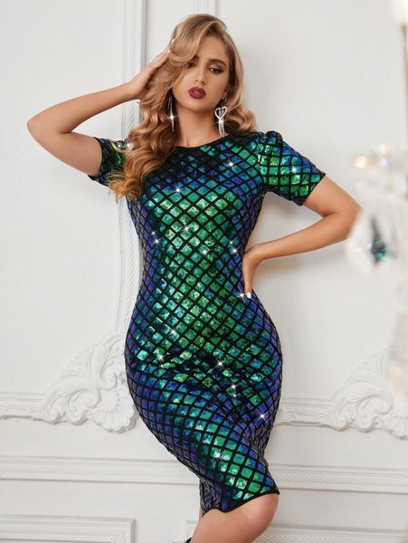 

geo pattern cut out split back sequins bodycon dress c82w#, Black;gray