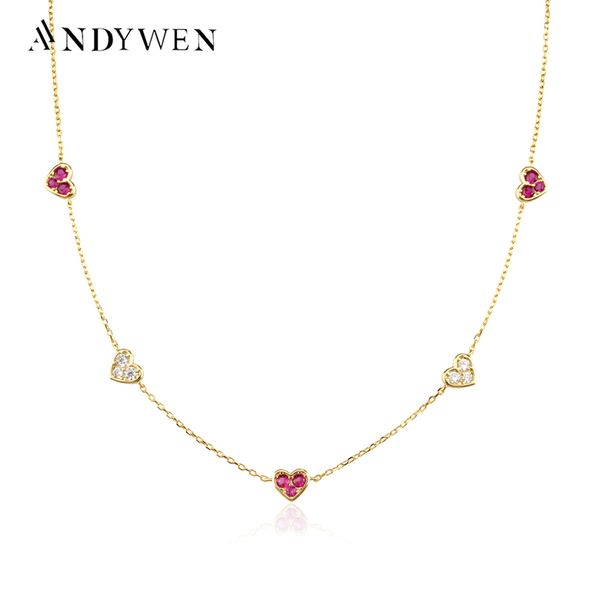 

andywen 925 sterling silver gold love heart clear rose red charm long chain choker necklace pendant women wedding luxury jewelry 220722