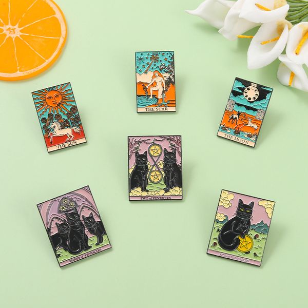 

punk tarot card enamel pins black cat women sun moon brooches badge lapel pin jacket backpack accessories gift friends jewelry, Blue