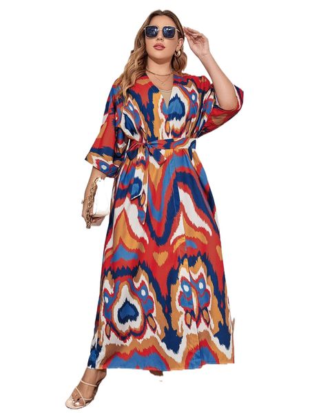 

plus allover print batwing sleeve belted coat & cami dress g2vl#, Black