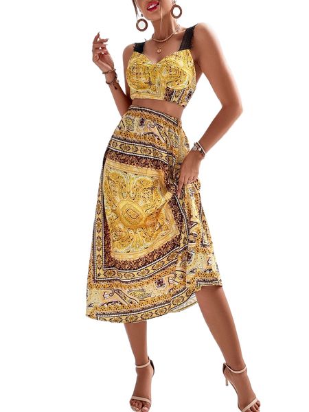 

scarf print lace panel crop cami & skirt c9bc#, White