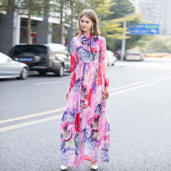 

casual dresses designer large swing printed long sleeve elegant holiday dress spring and summer temperament bow silk women's oa60, Black;gray