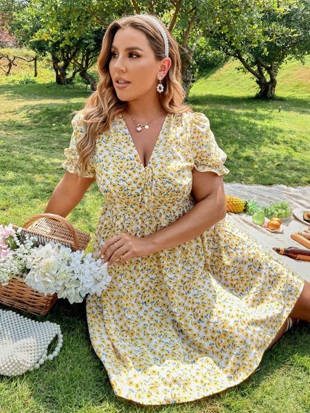 

plus allover floral print knot front dress f0mc#, Black