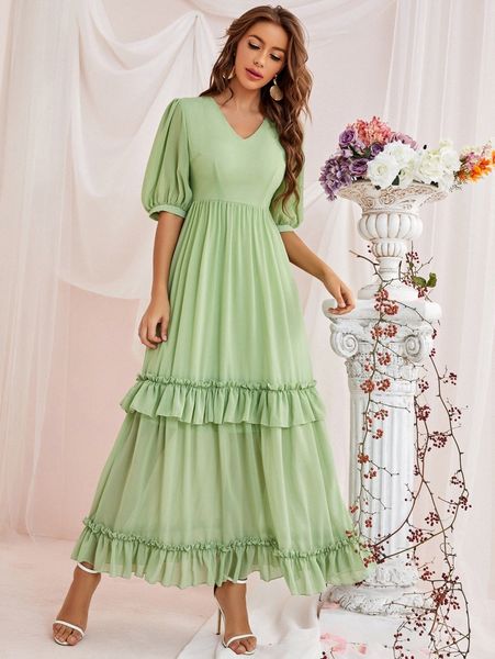 

lantern sleeve frilled ruffle hem chiffon dress e0vu#, Black;gray